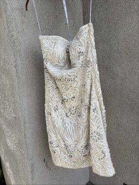 VINTAGE Sue Wong Embroidered Ivory Strapless Cocktail Dress